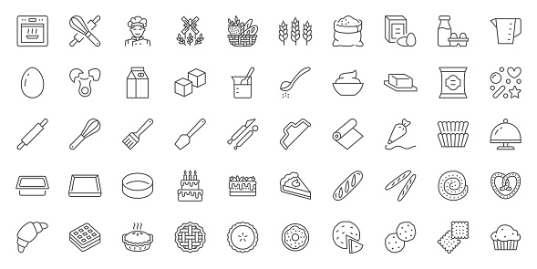 Bakery line icons set. Baking - whisk, egg, flour, oven, mill, bread basket, birthday cake, pastry bag, wheat, croissant vector illustration. Outline signs of confectionery sweet food. Editable Stroke