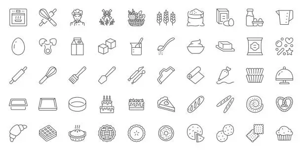Vector illustration of Bakery line icons set. Baking whisk, egg, flour, oven, mill, bread basket, birthday cake, pastry bag, wheat, croissant vector illustration. Outline signs of confectionery sweet food. Editable Stroke