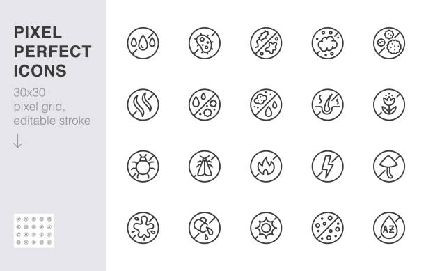 набор значков линии защиты тканевого материала. устойчивый к поту, антибактериальная защита, антистатическая минималистичная векторная и� - осторожность волоса stock illustrations