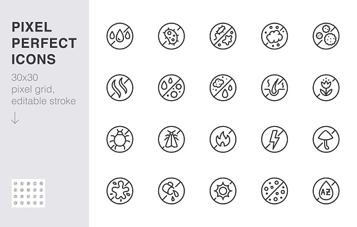 Fabric material protection line icon set. Sweat resistant, antibacterial proof, antistatic minimal vector illustration. Simple outline sign for clothing material. 30x30 Pixel Perfect, Editable Stroke.