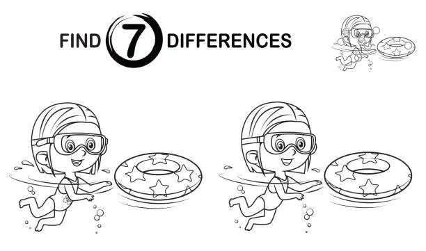 Vector illustration of Find 7 differences education game for kids. Little girl swimmer in the swimming pool or sea