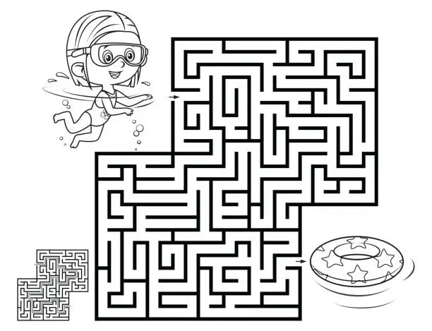 Vector illustration of Maze game for children. Little girl swimmer in the swimming pool or sea.