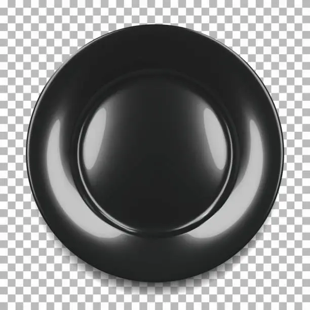 Vector illustration of Black round empty plate top view with transparent shadow