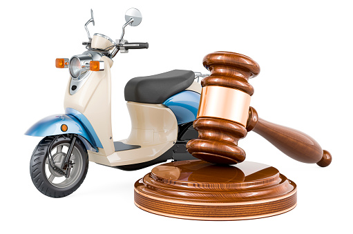 Motor scooter, moped with wooden gavel, 3D rendering isolated on white background