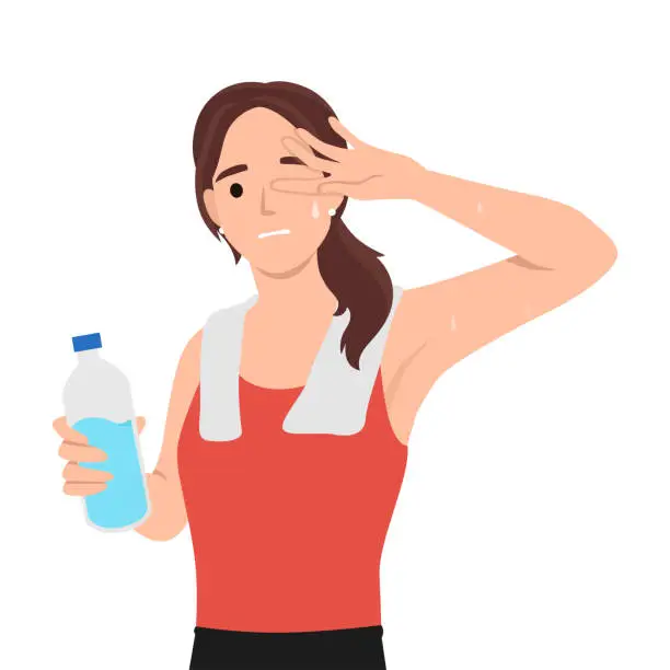 Vector illustration of Young caucasian white sporty woman drinking water and wiping sweat with a towel after workout. Healthy lifestyle concept.