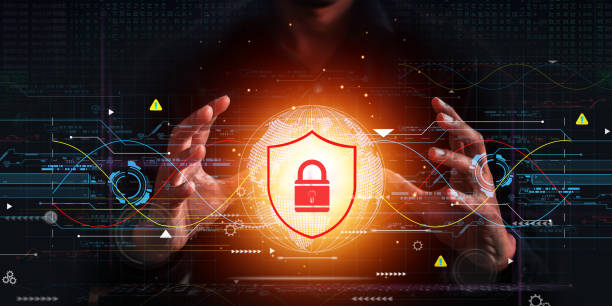 istock Businessman holding shield protect icon. Protection network security computer and safe your data concept, lock symbol, concept about security, cybersecurity and protection against dangers. 1488329829
