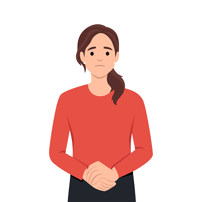 Feeling worried and frustration concept. Young irritated frustrated woman cartoon character standing touching chick looking at camera. Flat vector illustration isolated on white background