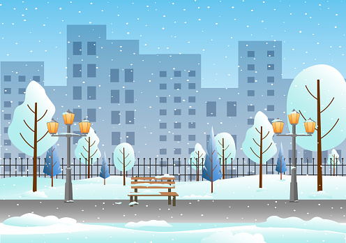 Cityscape illustration. Snowy winter day in the park. Lanterns and a bench, urban high-rise buildings. Flat vector illustration with gradients. For advertising flyers, design and decor, packaging, covers and brochures.