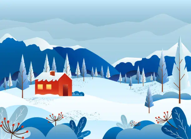 Vector illustration of Winter landscape illustration. Rural house on the background of mountains, snow and trees.