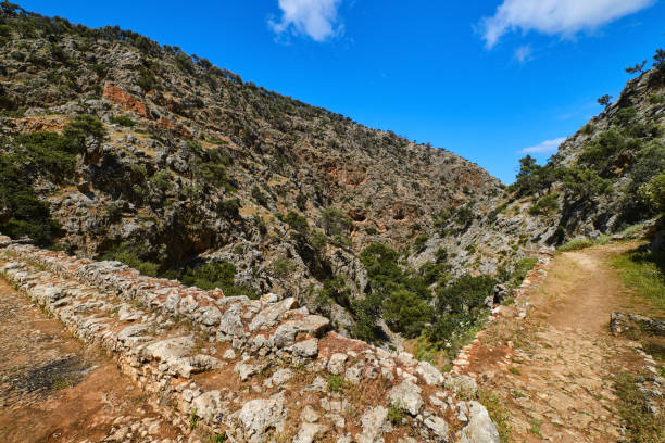 istock Typical Greek landscape, hills, fresh spring greenery, paved paths crossing. Avlaki gorge of Akrotiri, Chania, Crete, Greece 1488330426