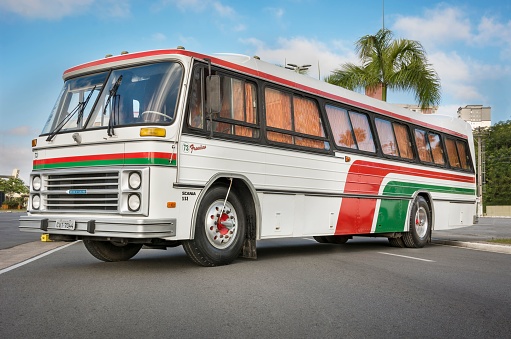 Barueri, Brazil – December 01, 2022: Bus vehicle Nielson Diplomata 74 Scania B111 1973 on display at Bus Brasil Fest 2022 show, held in the city of Barueri, Brazil.