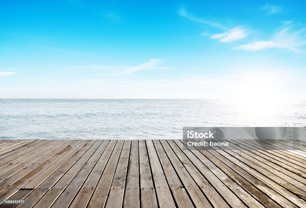Wooden deck at the seaside Summer Stock Photo