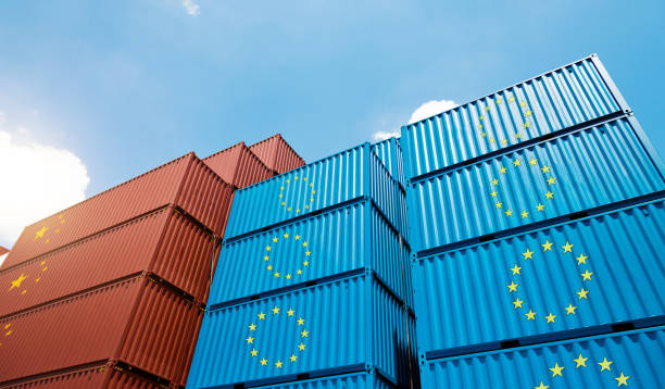 istock Cargo containers with European union flag and Chinese flag 1488333231