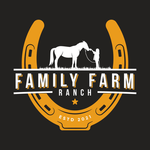 Horse Ranch Vintage Design Perfect design for family horse farm with the concept of a girl holding her horse. And surrounded by horseshoes. barn farm fence southwest usa stock illustrations