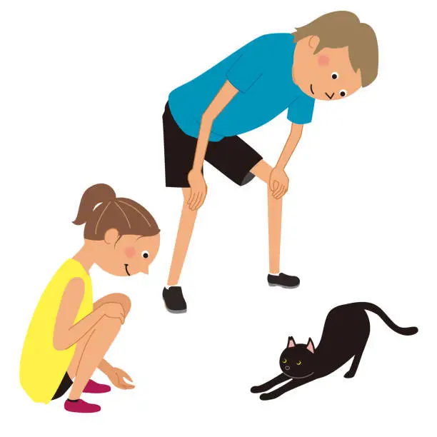 Vector illustration of A man and a woman who met a cat while running