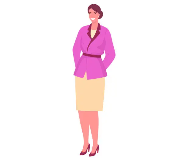 Vector illustration of Happy businesswoman wearing pink jacket and tie. Vector cute girl, smiling woman in an office outfit