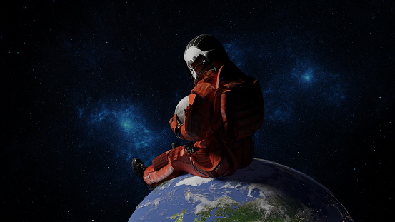 Astronaut holds moon in hands in space. Return of astronauts to moon satellite of earth. 3d render