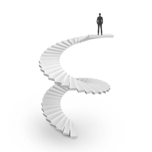 istock Successful businessman standing spiral staircase climb on white background 1488335461