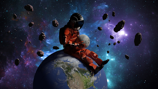 Astronaut sits on planet earth and hold moon in hands. Cosmonaut in space, exploration of outer space, exploration of the Moon. Nebulae stars and galaxies in background. 3d render