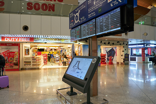 Kuala Lumpur, Malaysia - Circa March, 2023: interactive information kiosk seen in Kuala Lumpur International Airport.