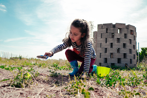 Digging into Nature: Young Girl's Playful Interactions in the Garden with Shovel and Soil