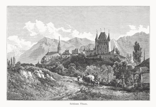schloss thun, kanton bern, schweiz, holzstich, erschienen 1877 - jungfrau region illustrations stock-grafiken, -clipart, -cartoons und -symbole