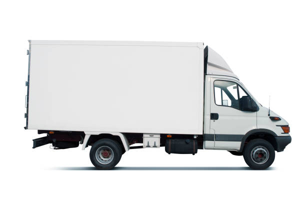 White transporter for branding Moving truck isolated on white background moving van stock pictures, royalty-free photos & images