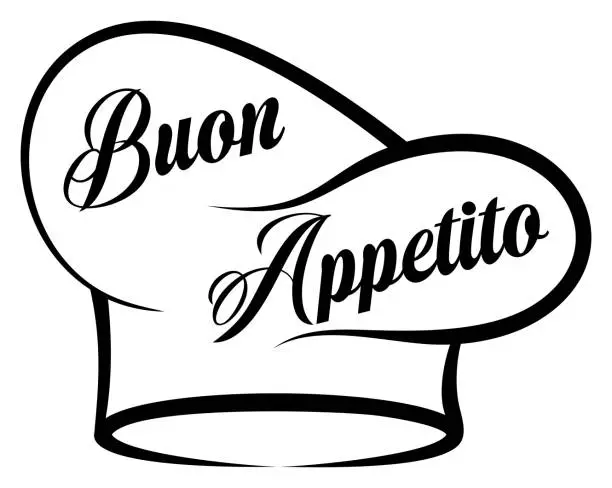 Vector illustration of Buon Appetito vector lettering in black. With chef hat. White isolated background.