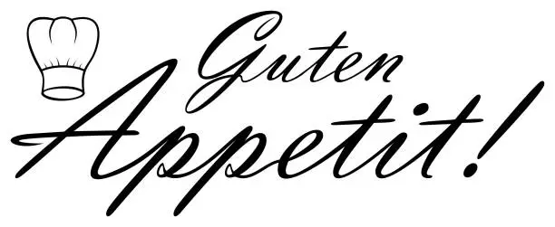 Vector illustration of Guten Appetit vector lettering with chef hat. White isolated background.