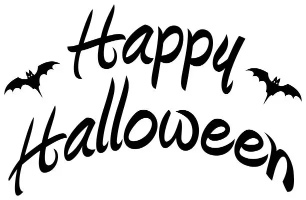 Vector illustration of Happy Halloween vector lettering in black. With bat. White isolated background.