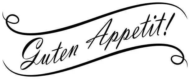 Vector illustration of Guten Appetit vector lettering in black. With flourish frame. White isolated background.