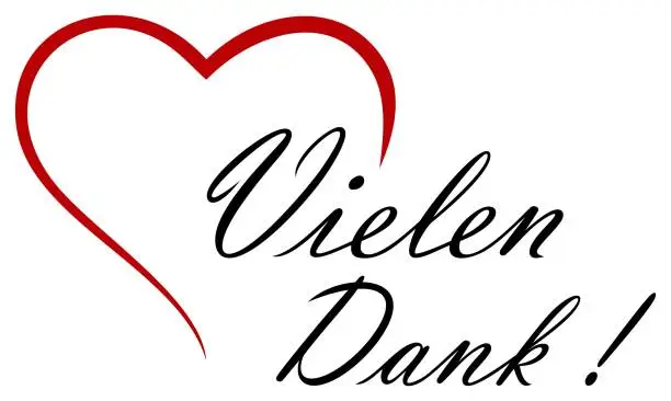 Vector illustration of Many Thanks in german language. Black Vector lettering with red heart. White back.