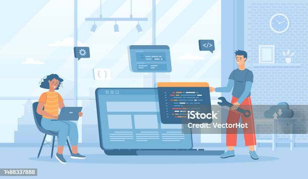 Program Design Cartoon Software Development Programming Coding People Write Code Settings And ...