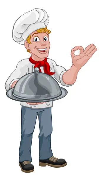 Vector illustration of Chef Cook Man Cartoon Holding A Dome Tray