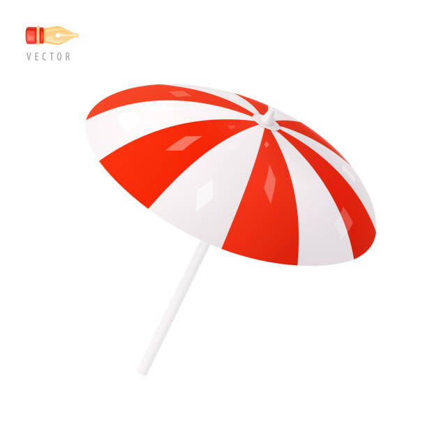 istock Beach Umbrella. Colorful white and red striped Summer Parasol. Object isolated on white background. Realistic cartoon 3d icon. Emoticon Design Clip Art. Emoji Icon. 3D Vector 1488338293