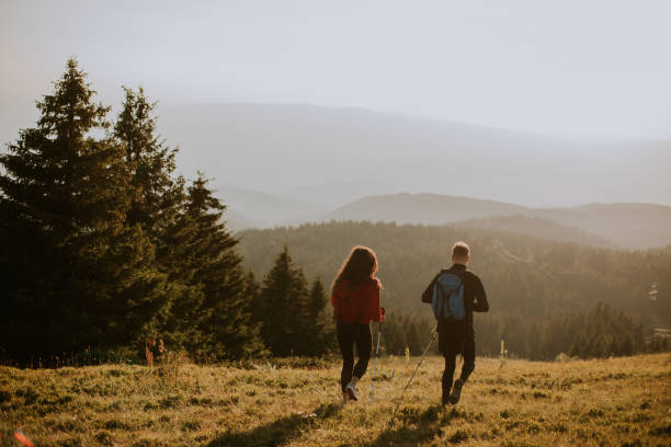 istock Smiling couple walking with backpacks over green hills 1488341574
