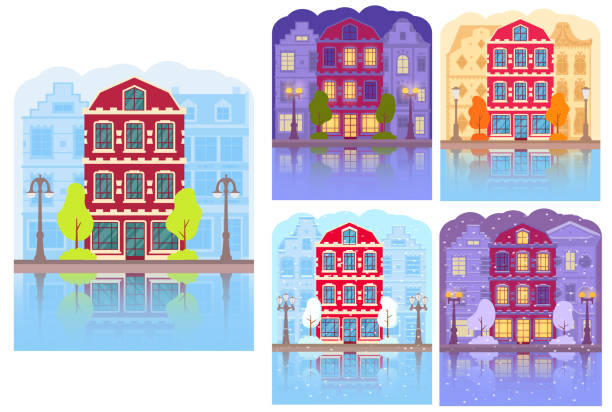illustrations, cliparts, dessins animés et icônes de maisons néerlandaises de nuit au-dessus de la rivière. vue panoramique du paysage urbain. - amstel river illustrations