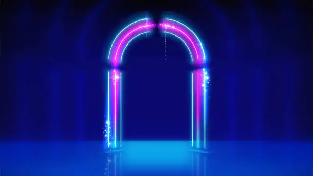 Vector illustration of Neon frame, led arch, light lines. Background, backdrop for displaying products. Blue pink purple neon arch, frame. Glowing sparkling portal. Stage. Vector illustration