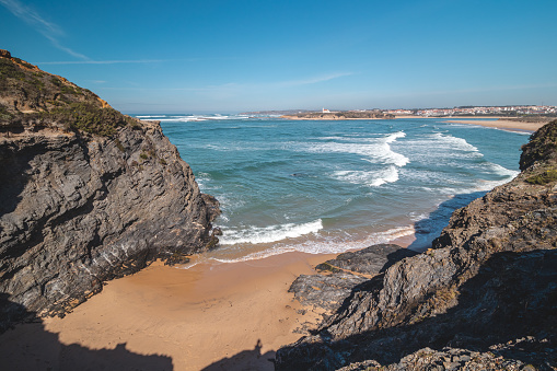 Breathtaking rocky environment on Atlantic Coast on a sunny day in the Odemira region, western Portugal. Wandering along the Fisherman Trail, Rota Vicentina.