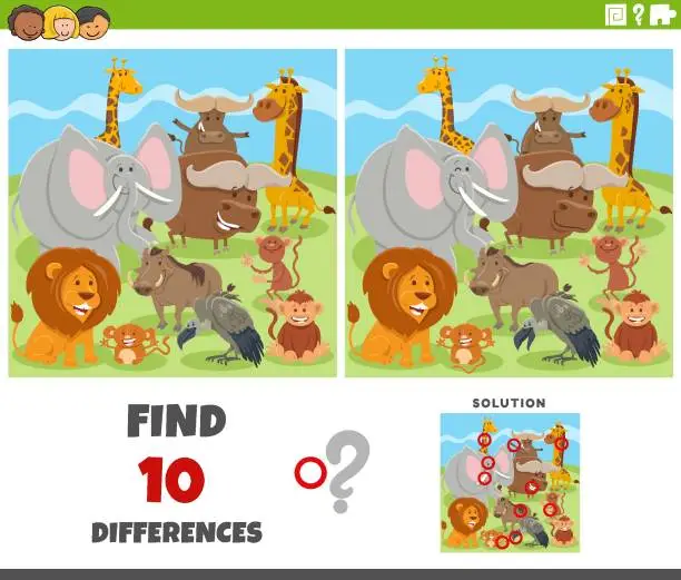 Vector illustration of differences game with comic animal characters group