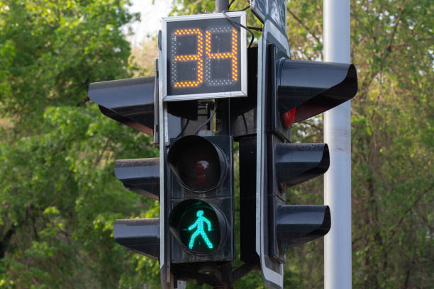 istock traffic light with a buming sign for pedestrians 1488345893