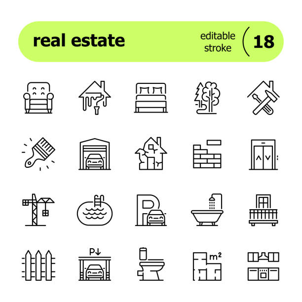 Real estate line icons Vector line icon set. Editable stroke. Files included: Vector EPS 10, HD JPEG 4000 x 4000 px damaged fence stock illustrations