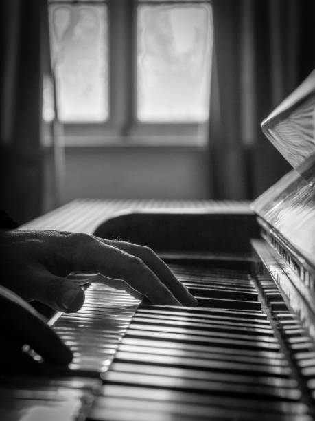 hands of a piano player, view from the side Partial view of the hands of a piano player, view from the side, a window is out of focus in the background, vertical, black and white hände stock pictures, royalty-free photos & images