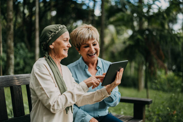 Friends, cancer patient using digital table