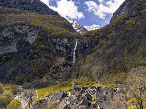 aerial drone, stone village of foroglio, bavona valley, ticino canton, switzerland - switzerland ticino canton valley church imagens e fotografias de stock