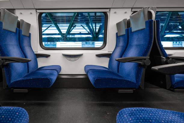 istock Passenger train with empty seats. Wide-angle view of an empty train in Switzerland, Europe, no people 1488353314