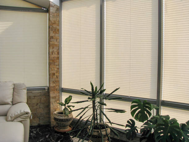 istock Pleated blinds with beige folded fabric on the windows close-up. 1488355393