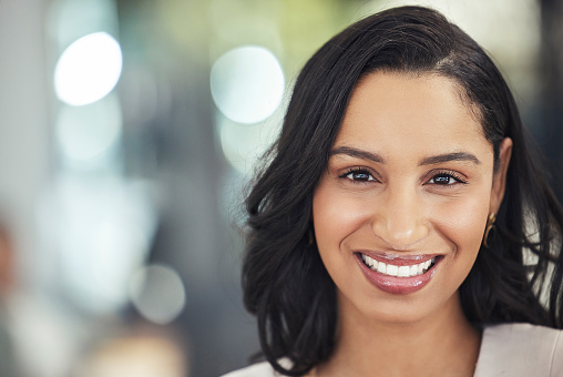 Portrait of black woman happy with career in Human Resources, job opportunity and company values. Face of person, worker or employee with vision for business goals, management, leadership and smile