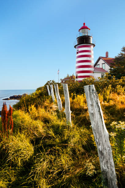 West Quoddy Lighthouse, Lubec, Maine Maine's iconic lighthouse overlooking the Atlantic Ocean quoddy head state park stock pictures, royalty-free photos & images