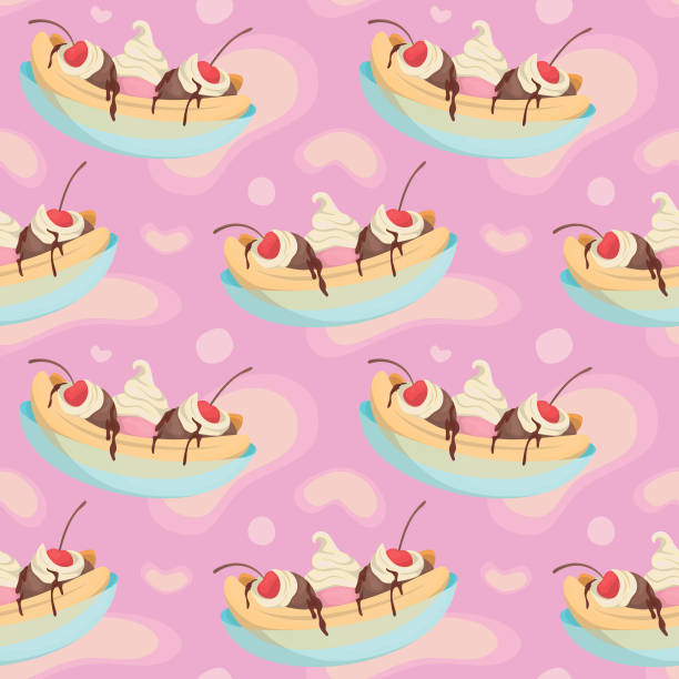 ilustraciones, imágenes clip art, dibujos animados e iconos de stock de fondo colorido de patrón repetitivo de postre partido de plátano hecho de ilustraciones vectoriales simples. - banana split